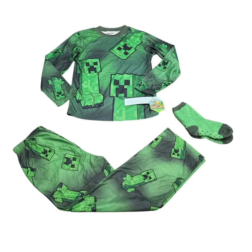 Minecraft Boys' Pajama Set Size Medium 8/10 Green Top Pants with Socks